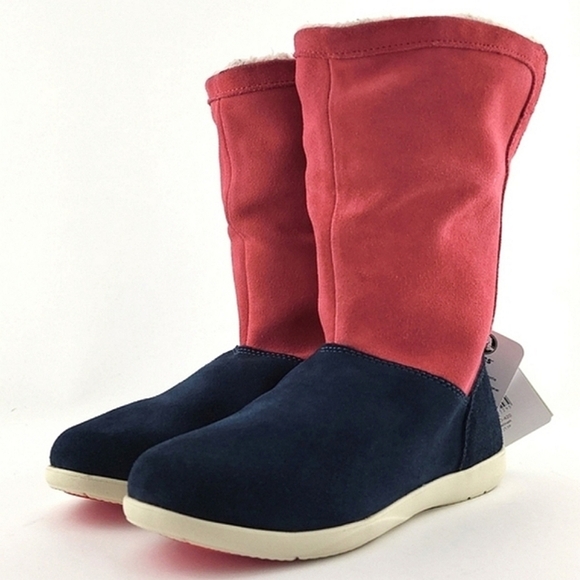 Crocs Adela Women's Foldover Fuzz  Leather Boots Pink Poppy Stucco Navy Size 6 - Picture 2 of 15